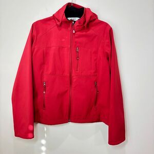 Fjall Red Jacket Softshell Women L Removable Hood Full Zip Fleece Lined Outdoors